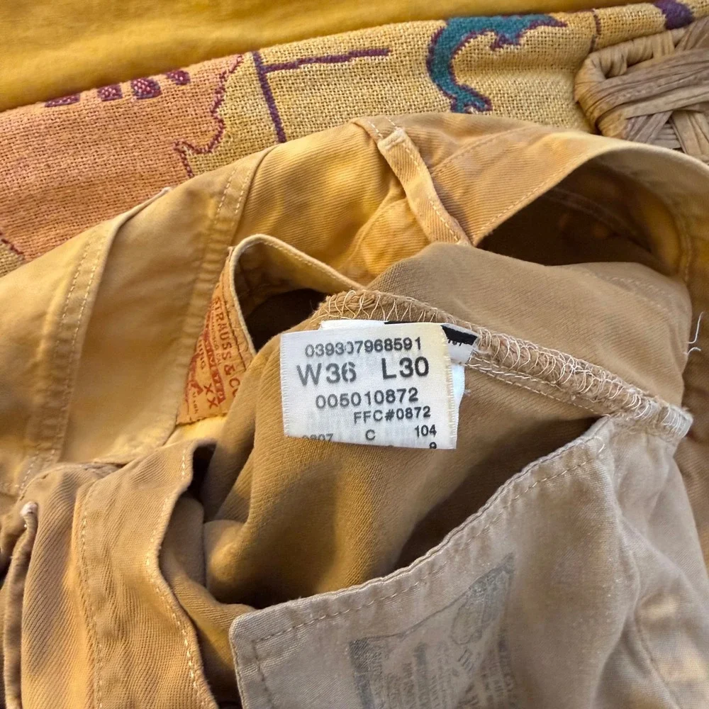 Levis 501 Original Fit Jeans Mens 36x30 Tan Brown‎ Bleach Wash Custom Distressed